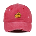 Detailed view of cheese embroidery and distressed edge on watermelon red baseball cap - One Size / Watermelon red