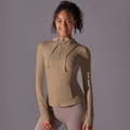 Close-up of khaki athletic hooded jacket with metal zipper and high-stretch nylon fabric - S / Cocoa