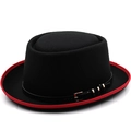 Classic black felt fedora hat with red trim and leather band for men and women - M(56-58cm) / Strap Style