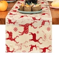 Runner da tavola natalizio con renne rosse e fiocchi di neve su lino beige - 33X160cm