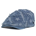 Casquette plate en jean bleu avec motifs d'étoiles et bords effilochés de style rétro - Bleu