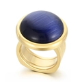 Chunky gold titanium ring featuring a large round deep blue cat-eye gemstone inlay - US 6 / Golden Deep Blue Cat's Eye Style (KR107553-K)