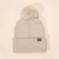 Classic cream knit beanie for kids with large pom-pom and FASHION leather patch - Beige