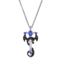 Gothic silver dragon sword necklace with vibrant blue gemstones and ornate metal chain - White K Blackened with Royal Blue Zirconia
