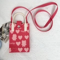 Detailed knit texture of hot pink crossbody phone bag with cute heart and bear patterns - Pink Heart-Happy