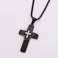 Close-up of black stainless steel double-layer cross pendant with geometric texture - Large (With Chain) / Two-tone Black