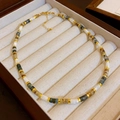 Baroque freshwater pearl necklace with green textured beads and gold accents - Brown Retro Faux Stone Round Necklace (#13)