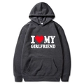 Dark grey hoodie sweatshirt with 'I Love My Girlfriend' print and front pocket pouch - S / Tops / Dark Gray
