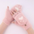 Pink plush convertible fingerless mittens with cat paw pattern and button detail - One Size / Pink