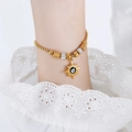 Gold plated bead bracelet featuring a sun evil eye pendant on a delicate box chain - E454-Black Enamel Gold Color Bracelet