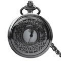Vintage gunmetal quartz pocket watch with intricate hollow floral carving and chain - Gunmetal - Scroll Hollow