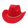 Detail of red wool felt cowboy hat featuring a sparkling silver rhinestone hatband - Small Wide Rhinestone / Red