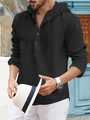 Men's casual black hooded long sleeve Henley shirt with button placket in summer cotton style - Black