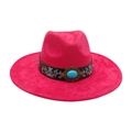 Cappello Fedora magenta a tesa larga con fascia in pelle ricamata e pietra turchese - Taglia unica / Rosa Rosso (Ricamo in Pelle Larga)