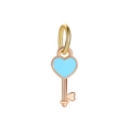 Detailed view of heart-shaped gold key charm with sky blue enamel and small heart accent - Gold Heart Key