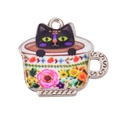 Detail of cartoon black cat in a floral teacup alloy pendant for DIY jewelry making - White