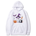 Felpa con cappuccio Halloween bianca con stampa fantasma zucca e gatto nero e tasca - S / Bianco