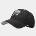 Detail of breathable mesh baseball cap with white Jesus Saved My Life print and cross - Adjustable / Black