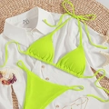 Neon green ribbed halter bikini set with adjustable tie straps for summer beachwear - Neon Yellow