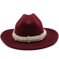Detail view of burgundy wool fedora hat featuring multi-layered pearl band embellishment - M (56-58cm) / Burgundy
