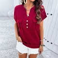 Women's casual red V-neck short sleeve shirt with textured fabric and front pockets - Burgundy