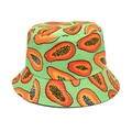 Detailed macro view of the vivid papaya print on green fabric bucket hat crown - Green