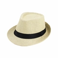 Beige linen fedora panama hat with black ribbon for men and women summer sun protection - Adult Size (Approx 58cm) / Monofilament Straw-Creamy Yellow