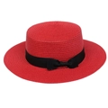 Red wide brim woven straw hat featuring a black decorative ribbon and bow detail - Ribbon Bow Decor Band Style (303A)