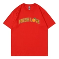Red Sturniolo Triplets Love Varsity T-shirt with Fresh Love print on white background - Red