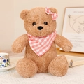 Light brown teddy bear plush with red checkered bow and matching scarf in a cozy setting - Light Pink Bandana / 20cm