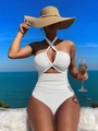 Detailed view of white halter neck swimsuit with cutout design and ribbed texture - S / White