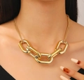 Punk style chunky gold chain necklace with oversized polished interlocking metal buckles - Gold Rectangular Link Necklace (2009)