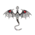 Silver dragon brooch with black enamel wings and sparkling red marquis rhinestones - Antique Silver Grey Brooch (G-459)