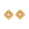Goldene Blumen-Ohrstecker mit eleganten weißen Perlen und Vintage-Relief-Struktur - Quadratisches Perlenrelief Design (E565-5#)