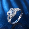 Elegant silver ring with a large round center diamond and halo setting on a split band - Sugar Cube Ring Ljz-233 / Adjustable Open