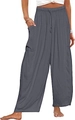 Detail of dark grey wide-leg pants featuring elastic waist with drawstring and large side pockets - S / Gray