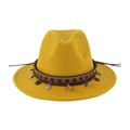 Bright yellow felt fedora hat with ethnic woven band and metallic coin pendants for unisex - 58cm / Yellow