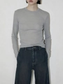 Detail of light grey slim fit long sleeve top showing ribbed texture and crew neck - Fish Tail Grey
