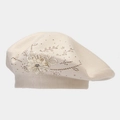 Detail of cream knit beret showing mesh flower embroidery and sparkling rhinestones - M (56-58cm) / Beige