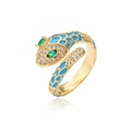 Macro detail of gold snake ring with blue enamel and green marquise gemstones - Adjustable Open / Sky Blue Enamel Snake Ring (11715) / Sky Blue
