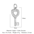 Silver heart key pendant in copper and cubic zirconia for DIY jewelry making - 18x8mm Heart Key / Silver