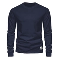 Detail shot of navy blue cotton long-sleeve T-shirt neck label and fabric texture - Navy Blue