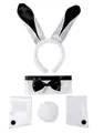 Set cosplay da coniglio 5 pezzi con orecchie in raso bianco e nero, colletto, polsini e coda - Set da 4 Pezzi Nero e Bianco