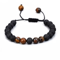 Braided bracelet with 8mm volcanic lava and tiger eye stone beads on adjustable cord - Yellow Tiger Eye + Lava Rock