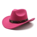 Detailed macro of rose red western cowboy hat with brown leather band and metal buckle - M (56-58cm) / Rose Red