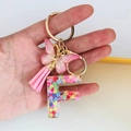 Detail of resin letter F keychain with pink butterfly, sequins and tassel decoration - Butterfly Tassel 8-Shape Buckle / Letter F