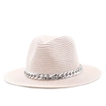 Light beige woven straw fedora hat featuring a stylish silver metal chain decoration - Pink