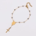 Detailed view of gold stainless steel rosary bracelet with gray beads and cross pendant - 17+3cm / Gray