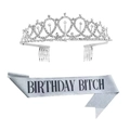 Birthday set with silver glitter sash and rhinestone tiara featuring Birthday Bitch text - Silver Crown And Silver Birthday Bitch Sash