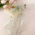 Light green organza bow hair clip with embroidered flowers and long ribbons - Mint Green Long Streamer Bow (F8109-6)